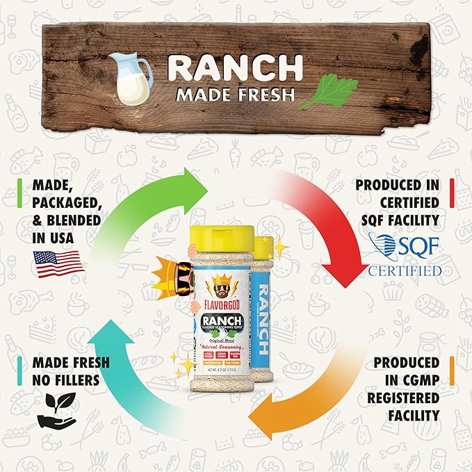 Ranch Seasoning by Flavor God, Sugar Free Ranch Substitute Low Sodium Seasoning, Gluten-Free Dry Ranch Mix, Keto & Paleo Friendly Ranch Seasoning Salad Dressing for Pizza, Popcorn, & Salads - Healthy Buttermilk Ranch Dressing Substitute