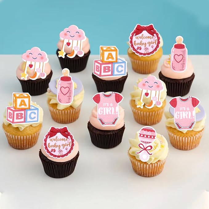 60 PCS Edible Oh Baby Cupcake Toppers Pacifier Cloud Moon Star Welcome Baby Girl Cupcake Picks Edible Baby Shower It's a Girl Cake Decorations for Baby Shower Girls Birthday Party Supplies Pink