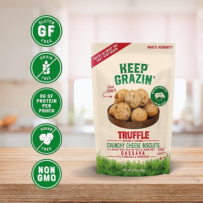 Keep Grazin Grain Free Crunchy Cheese Biscuits - Truffle Flavoured | 2.12 Ounce (Pack of 3) | Gluten & Sugar-Free, Non-GMO Protein Snacks - Baked with 100% Grass-Fed Cheese & Cassava Flour