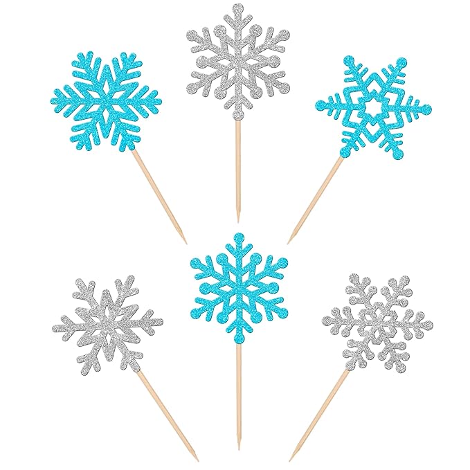 24 PCS Snowflake Cupcake Toppers Glitter Frozen Snowflake Cupcake Picks Winter Wonderland Cake Decorations for Winter Frozen Theme Baby Shower Kids Birthday Christmas Party Supplies Silver Blue