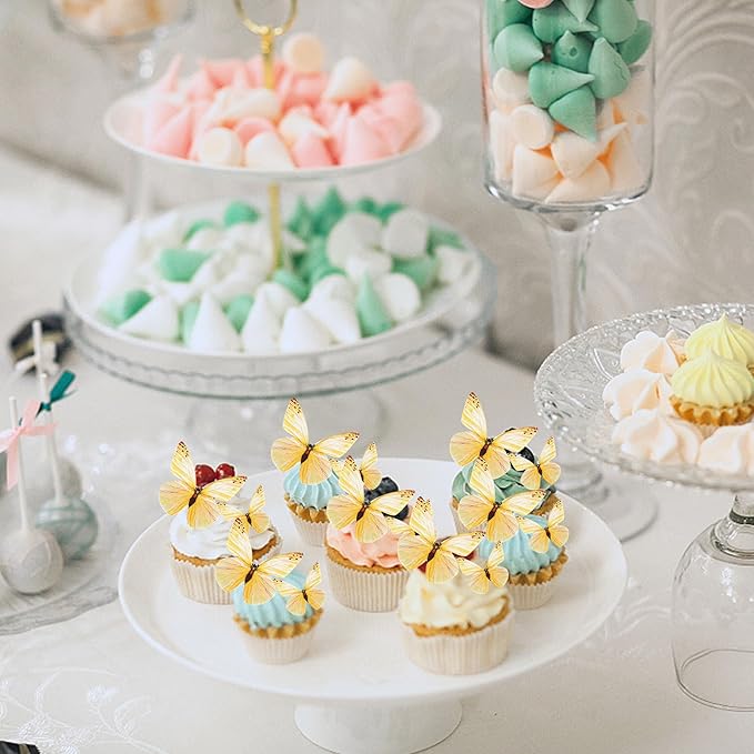 72PCS Edible Butterfly Cupcake Toppers Butterfly Cupcake Picks Edible Butterfly Cupcake Decorations for Butterfly Theme Baby Shower Kids Birthday Party Cake Decorations Supplies Yellow