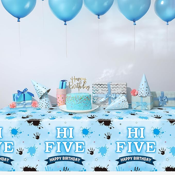 3Pcs Hi Five Party Tablecloths - Blue High 5 Year Old Party Table Covers Decorations 5th Birthday Rectangular Plastic Disposable Table Cloth Decor for Kids Five Years Old Birthday Baby Shower Supplies