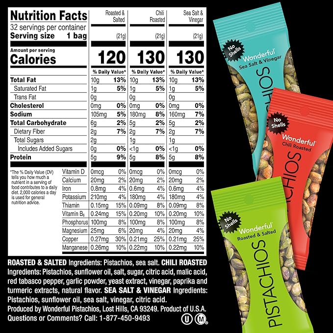 Wonderful Pistachios No Shells, 3 Flavors Mixed Variety Pack of 32 (0.75 Ounce), Roasted & Salted Nuts (14), Chili Roasted (9), Sea Salt & Vinegar (9), Protein Snacks, Gluten Free, Bulk Snacks, Boo Basket Stuffers