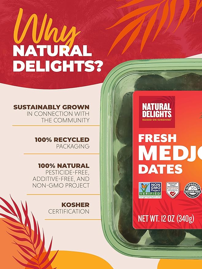 Natural Delights Medjool Dates – Large & Plump, Whole Non-GMO Verified, Good Source of Fiber, Naturally Sweet Fruit Snack, Perfect for On-the-Go - Medjool Dates Whole, 12 oz Container