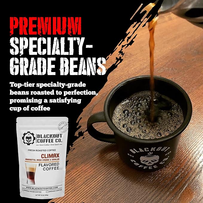 Blackout Coffee Climax Amaretto, Irish Cream & Kahlua Flavored Ground Coffee ??Medium Roast, Smooth Taste, Guilt-Free Indulgence ??Freshly Roasted 12oz Bag, American Made