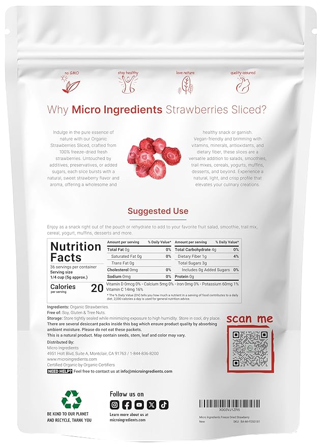 Micro Ingredients Organic Strawberries Sliced, 6.4oz | 100% Natural Fruit | Freeze Dried Strawberry Source | No Sugar & Additives | Healthy Snack & Topping for Beverages or Recipes | Non-GMO, Vegan