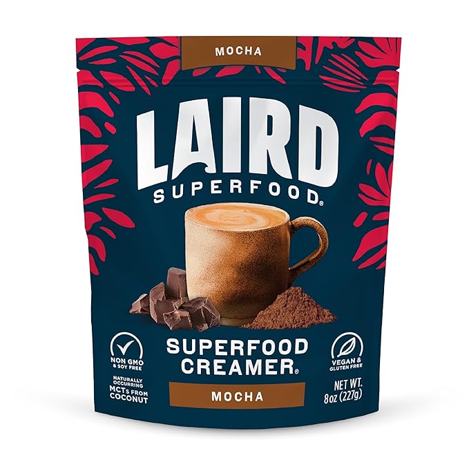 Laird Superfood Non-Dairy Coffee Creamer Mocha, Shelf-Stable Superfood Non-Dairy Powder Creamer, Gluten Free, Non-GMO, Vegan, 8 oz. Bag, Pack of 1