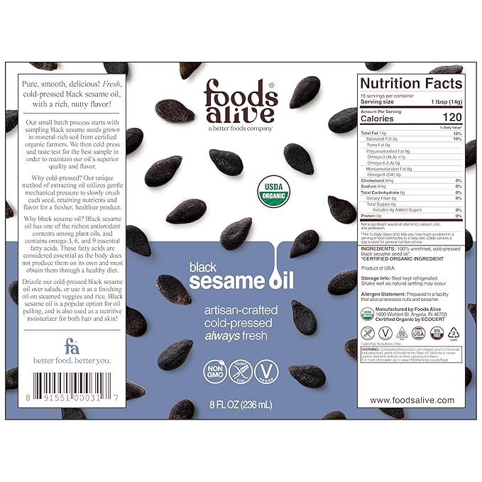 Foods Alive USDA Organic Black Sesame Seed Oil, Artisan Cold-Pressed, non-gmo, vegan, gluten free, kosher, 8 oz liquid