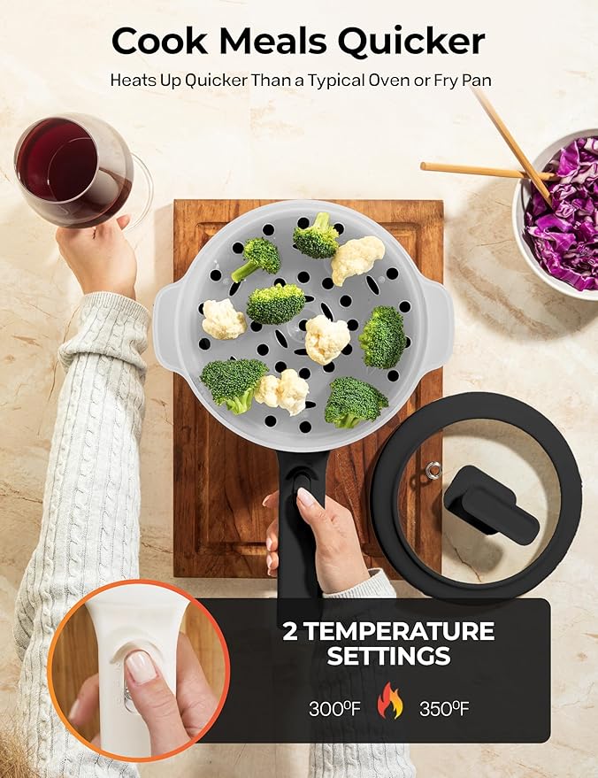 Electric Hot Pot with Lid and Steamer, 1.5L Non Toxic Ceramic Cooker Skillet for Ramen, Eggs, Pasta Portable and Compact for Dorms, Camping, RVs, Work, Adjustable Temperature