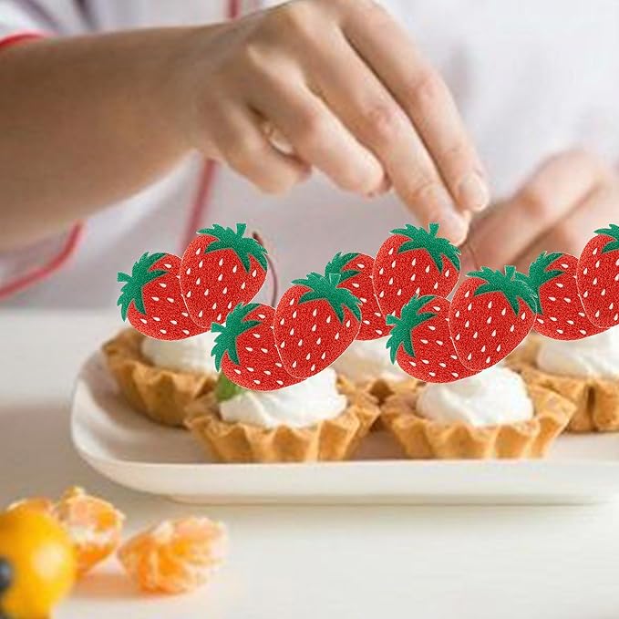 60 Pack Edible Sweet Strawberry Cupcake Toppers Rice Paper Wafer Paper First Birthday Strawberry Cake Picks for Fruit Baby Shower Berry Sweet Kids Birthday Cake Decorations