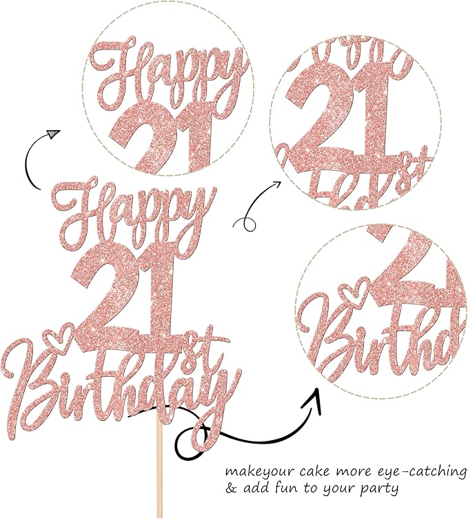 1 PCS Happy 21st Birthday Cake Topper Glitter Cheers to 21 Years Birthday Cake Pick Twenty One 21 Fabulous Cake Decoration for Happy 21st Birthday Anniversary Party Decorations Supplies Rose Gold