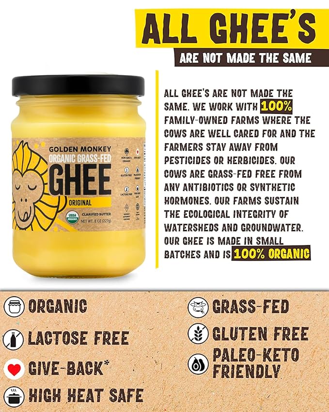GOLDEN MONKEY Organic Ghee Butter ??Grass Fed Clarified Butter for Cooking, Baking, Keto & Gut Health ??Ghee Butter Organic Grass Fed from Small Farms ??Smooth Spread with High Smoke Point (8oz)