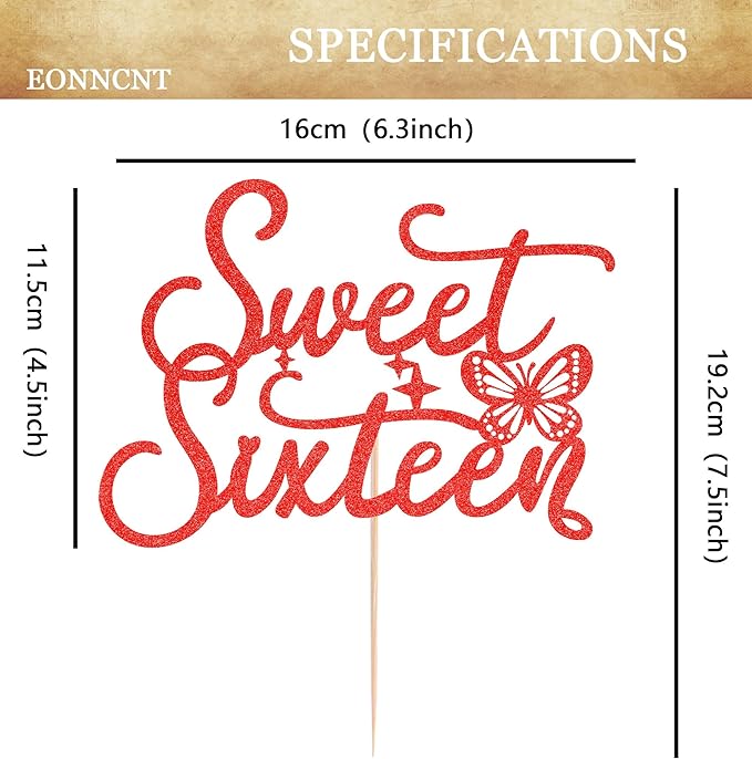 Sweet Sixteen Cake Topper - Red Glitter Butterfly Theme Sweet 16 Birthday Cake Decorating Supplies for Girls, Sweet 16 Cake Topper for Happy 16th Birthday Anniversary Party Supplies Photo Booth Props