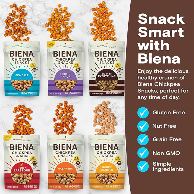 BIENA Chickpea Snacks - Crunchy Roasted Chickpeas - High Fiber Vegan Protein Snack for Adults & Kids - 6-Pack, 5 oz Bags - BBQ, Habanero, Honey Roasted, Lil' Bit of Everything, Sea Salt, Rockin' Ranch