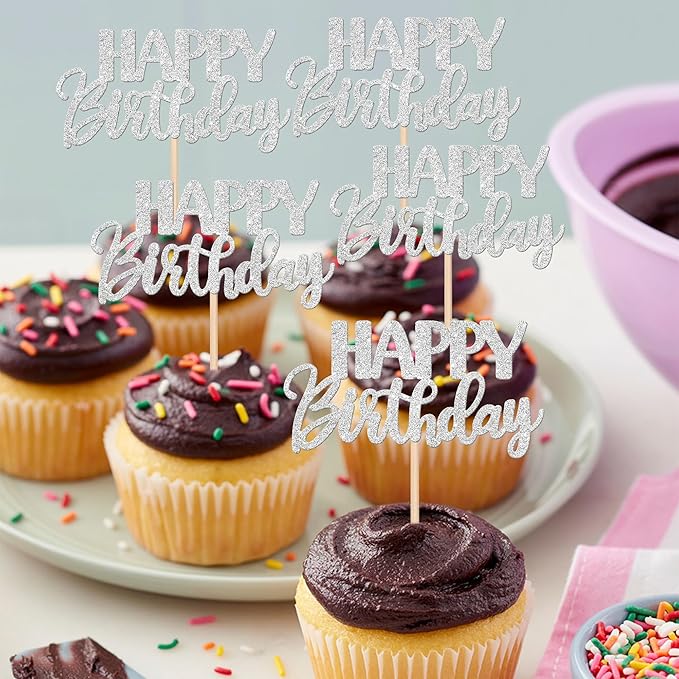 30 PCS Happy Birthday Cupcake Toppers Glitter Happy Birthday Cupcake Picks for Celebrating Birthday Anniversary Theme Party Cake Decorations Supplies Silver