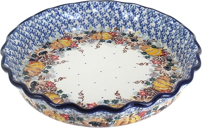 Blue Rose Polish Pottery - Blue Harvest Bounty Pie Plate - 10" Diameter - Ceramic Baking Dish, For Pies, Quiches & Desserts