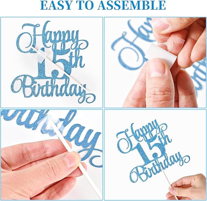15th Birthday Cake Decorations, 15th Birthday Candles Cake Numeral Candles and Glitter Happy 15th Birthday Cake Toppers Set for Birthday Party Supplies (Blue)