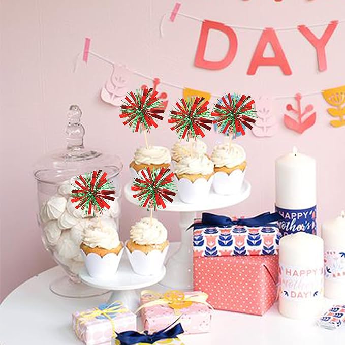 Rsstarxi 30 Pack Firework Cupcake Toppers Birthday Cake Decorations Tinsel Flower Drink Stirrers Cocktail Food Fruit Toothpicks for Valentine's Day Birthday Wedding Party Green