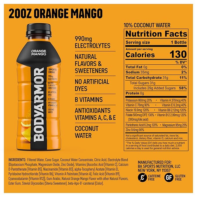 BODYARMOR Sports Drink Sports Beverage, Orange Mango, Coconut Water Hydration, Natural Flavors With Vitamins, Potassium-Packed Electrolytes, Perfect For Athletes, 20 Fl Oz (Pack of 6)