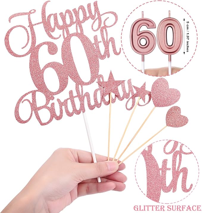 60th Birthday Cake Decorations Set Include 60th Birthday Candles Numeral 60 Cake Candles and Happy 60th Birthday Cake Toppers with Heart Star Cupcake Picks for Birthday Party (Rose Gold Series)