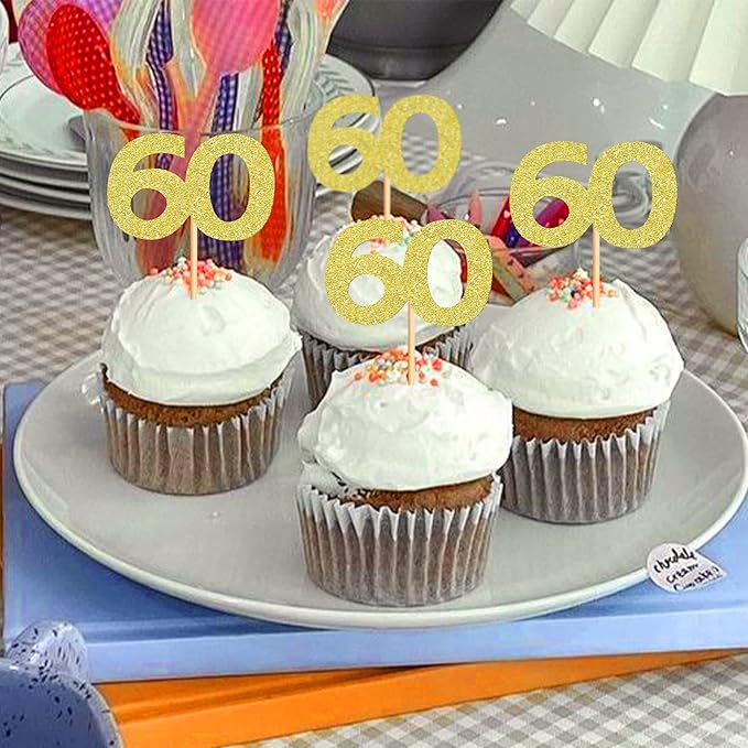 24PCS Gold Glitter 60th Birthday Cupcake Toppers Number 60 Birthday Celebrating Cake Decorations Supplies for Birthday Anniversary Party