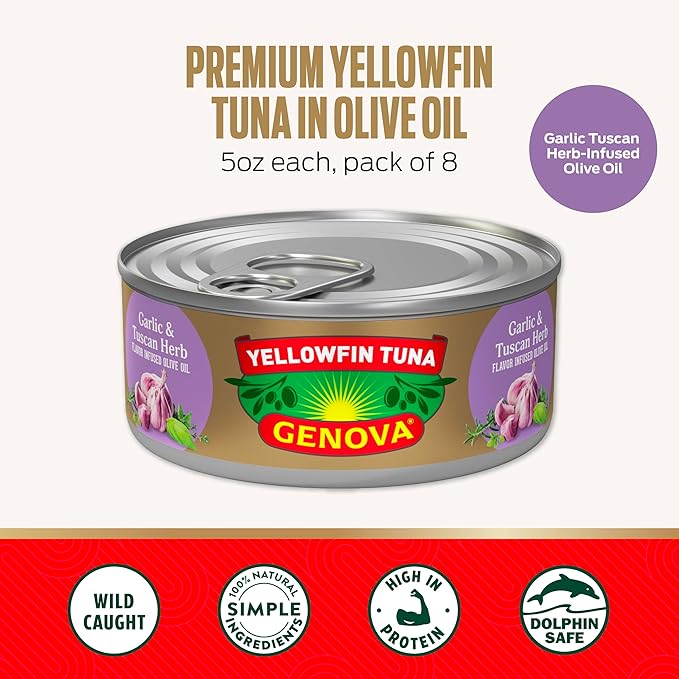 Genova Premium Yellowfin Tuna in Garlic and Tuscan Herb Infused Olive Oil, 5 Ounce Can (Pack of 12), Wild Caught, Solid Light