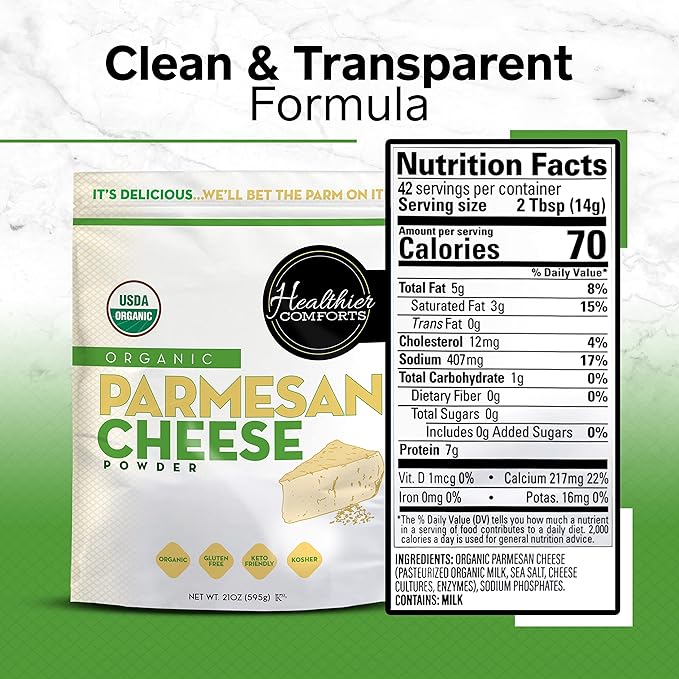 Healthier Comforts Organic Parmesan Cheese Powder, Kosher, Non-GMO, Chemical Free, Gluten Free, Keto Friendly, From Cows Raised Free of Antibiotics or Hormones (rBGH or rBST) (21 oz, Organic Parmesan)