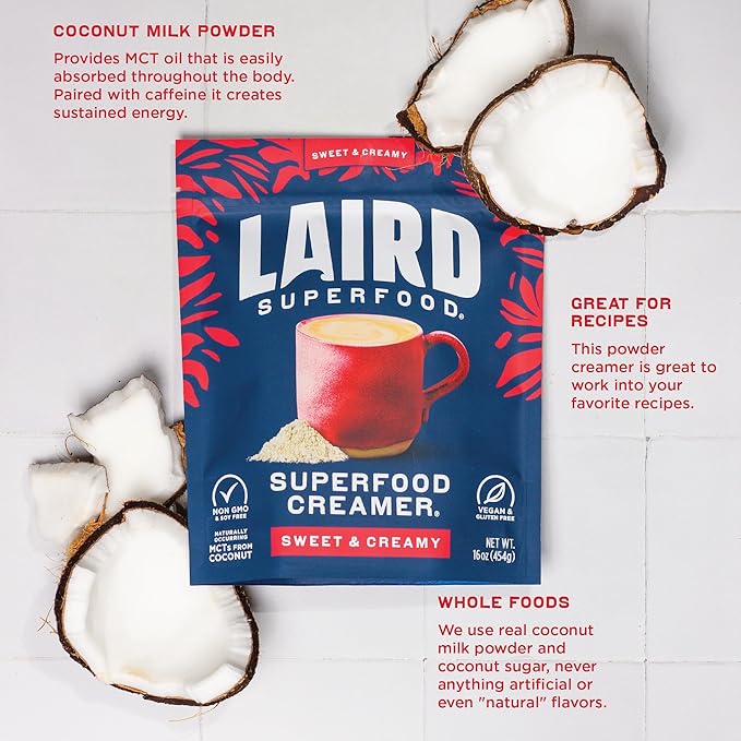 Laird Superfood Non-Dairy Superfood Creamer - Coconut Powder Coffee Creamer - Sweet & Creamy - Gluten Free, Non-GMO, Vegan - 8 oz. Bag, Pack of 1