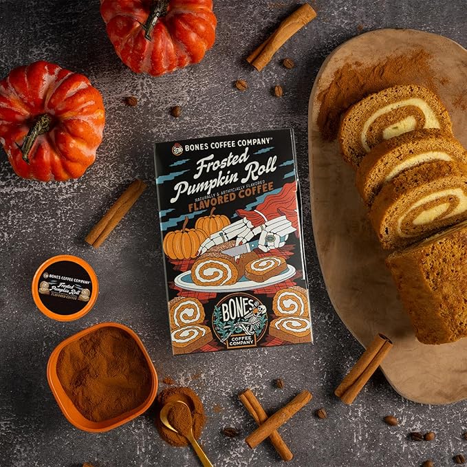 Bones Coffee Company Frosted Pumpkin Roll Flavored Coffee Pods, Low Acid Medium Roast Single-Serve Bones Cups, Compatible with 1.0 & 2.0 K-Cups Brewers Coffee Maker, 12 Count