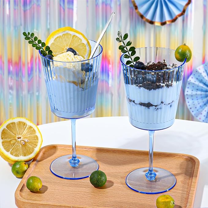 12 PCS Blue Ribbed Plastic Wine Glasses 13.5 OZ Ribbed Wine Glasses Detachable Wine Glass Elegant Fluted Glassware Vintage Style for Wedding Anniversary Birthday Dinner Parties(Blue, 12 Pack)