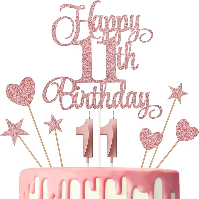 11th Birthday Cake Decorations, 11th Birthday Candles Cake Numeral Candles and Glitter Happy 11th Birthday Cake Toppers Set for Birthday Party Supplies (Rose Gold)