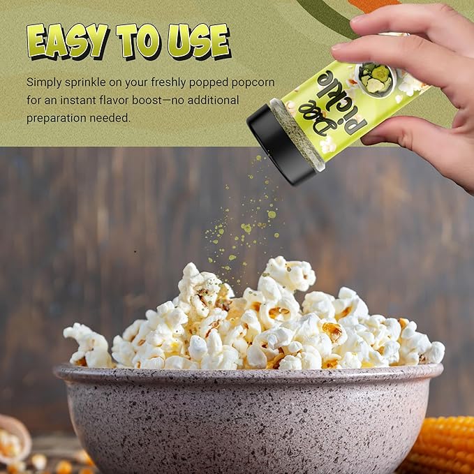 Dill Pickle Popcorn Seasoning Shaker ??2 Pack Tangy Snack Blend with Premium Dill & Vinegar ??Bold Gourmet Sprinkle for Popcorn, Chips, Fries, Veggies, Potatoes, Sandwiches, Snacks, Meals, Parties