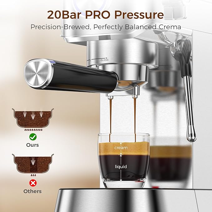 Kndko 20 Bar Espresso Machine, Professional Espresso Maker with Milk Frother Steam Wand, Compact Stainless Steel Coffee Machine with 40.5oz Removable Water Tank for Cappuccino, Latte