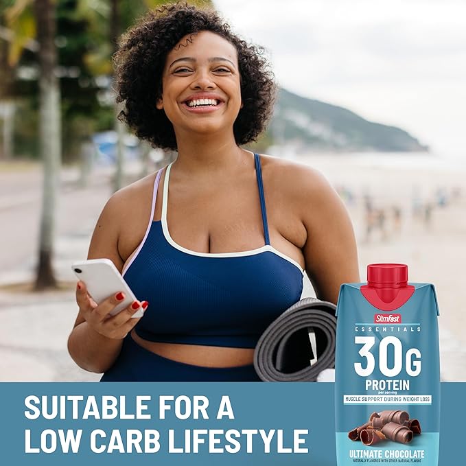 SlimFast Essentials 30g Protein Shake Chocolate, Protein Shakes Ready to Drink, Muscle Support, 1g Sugar, 25 Vitamins and Minerals, 3g Net Carbs, Ultimate Chocolate, 12 Count