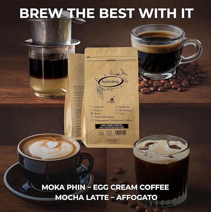 doanhdang - 17 Oz Premium Moka Whole Bean Coffee, 100% Medium Roast, Rich Flavor for Espresso Shot and Brew, Origin from Vietnam, Whole Med Roast Beans, Pack of 1, Phin Filter Included