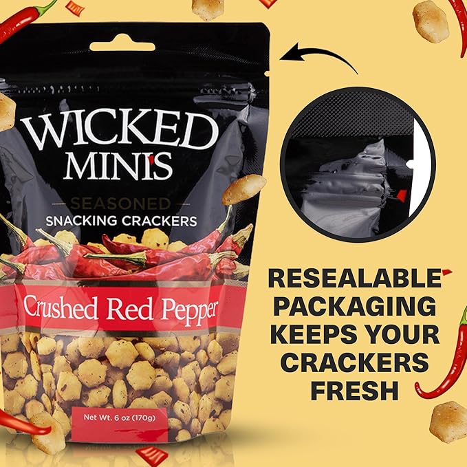 Wicked Minis Soup & Oyster Crackers - Saltine & Salted Flavored Mini Puffed Soup, Savory Snacking Mix, Seasoned Croutons Salad Toppers, Crackers for Chili 6oz (Crushed Red Pepper, Pack of 3)
