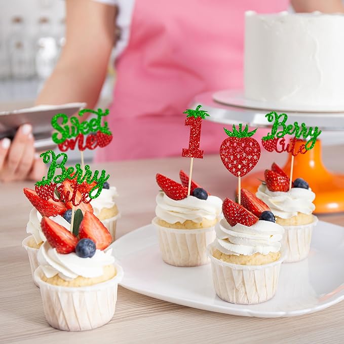 24Pcs Sweet One Cupcake Toppers Glitter First Birthday Strawberry Cupcake Picks for Fruit Baby Shower 1st Birthday Berry Sweet Cupcake Decorations Party Supplies Green