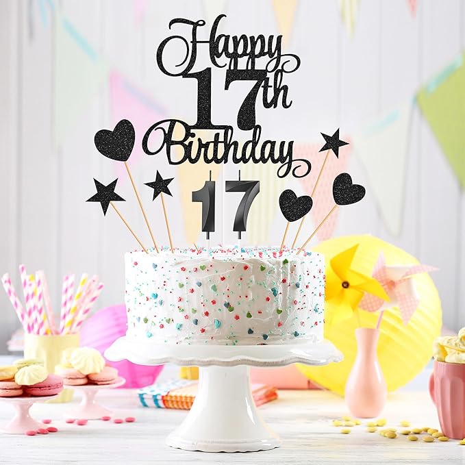 17th Birthday Cake Decorations, 17th Birthday Candles Cake Numeral Candles and Glitter Happy 17th Birthday Cake Toppers Set for Birthday Party Supplies (Black)