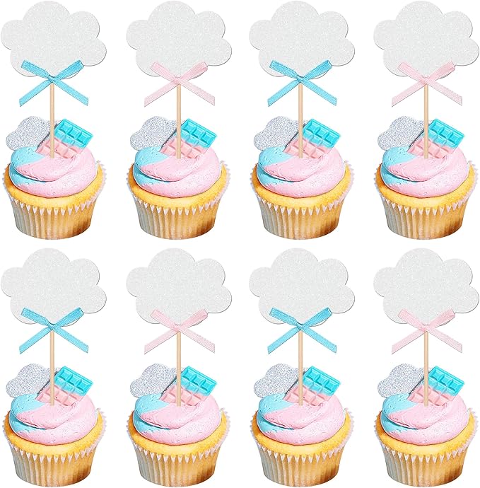 24 PCS Bow Cloud Cupcake Toppers Glitter Cloud Boy or Girl Cupcake Picks Gender Reveal Party Decorations for Baby Shower Birthday Wedding Party Cake Decorations Supplies Blue Pink
