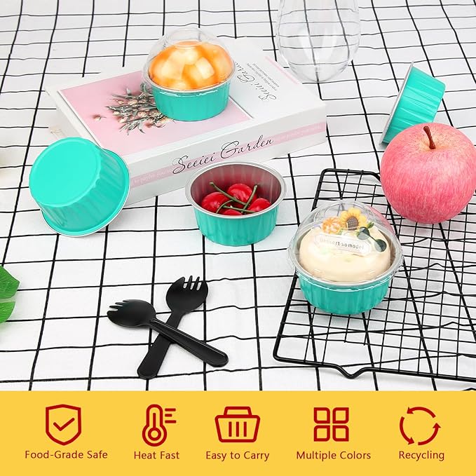 Disposable Ramekins with Lids 50 Pack,Free-Air 5oz Aluminum Foil Cupcake Cups Baking Tin,Mini Muffin Tins Cupcake Containers Holders for Home And Business -Cyan Blue