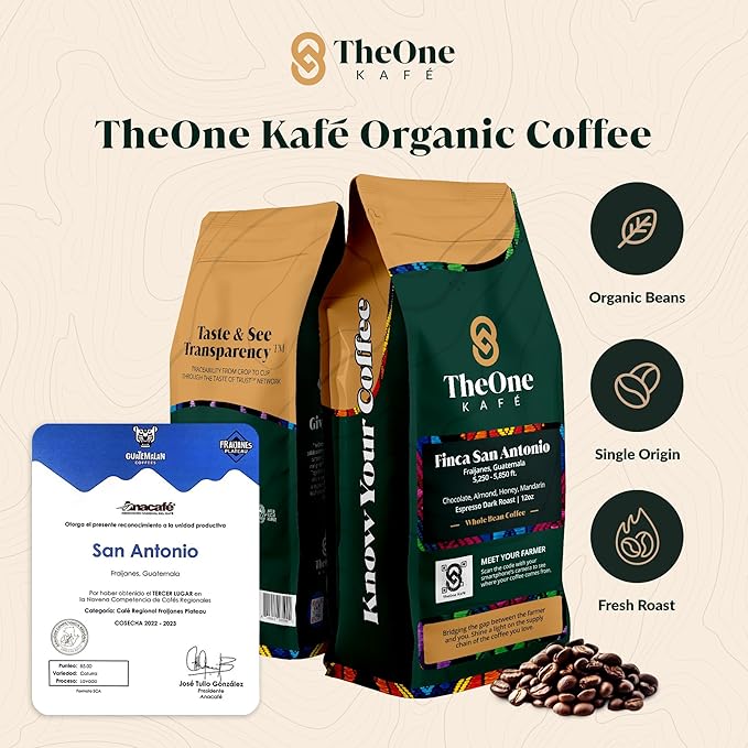 TheOne Kafé Guatemala Dark Roast Whole Bean Coffee ??Organic, Single Origin, Premium Specialty Coffee, Ethically Sourced, Smooth & Rich Flavor ??Fresh Roasted for Espresso, Drip, Pour Over ??12 oz