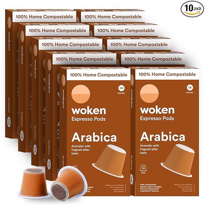WOKEN COFFEE Compostable Nespresso Pods - Arabica Light Roast Italian Espresso Coffee Capsules Compatible With Nespresso Coffee Machine (100 Pod Count, 10 Boxes)