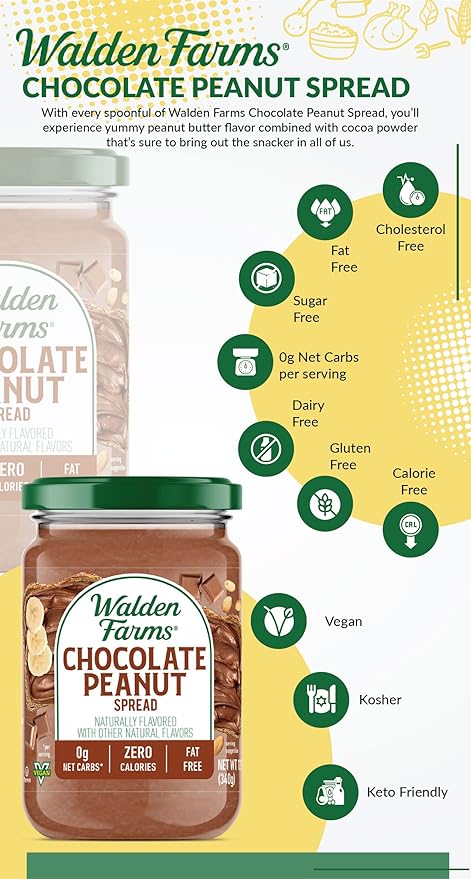 Walden Farms Chocolate Peanut Spread – Zero Calorie, Low Carb, Keto-Friendly, Vegan, Sugar-Free, Chocolate Peanut Flavor – 12 oz Bottle