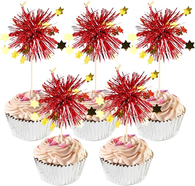 Rsstarxi 30 Pack Foil Firework Cupcake Toppers Happy Valentine's Day Cupcake Toppers Tinsel Flower Drink Stirrers Cocktail Food Fruit Toothpicks for New Years Birthday Party Cake Decorations Red