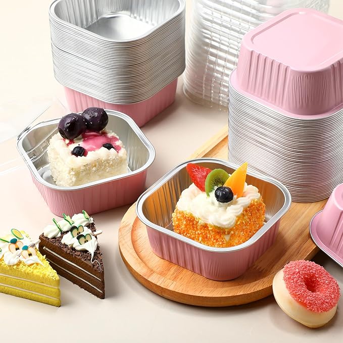 Aoriher 300 Pieces 10 oz Mini Cake Pans with Lids, Aluminum Foil Baking Cups, Square Disposable Cupcake Cups Baking Tins for Wedding Birthday Party Supplies(Pink)