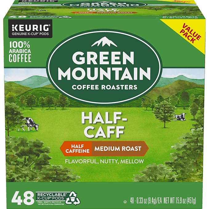 Green Mountain Coffee Roasters Half Caff, Single-Serve Keurig K-Cup Pods, Medium Roast Coffee Pods, 48 Count
