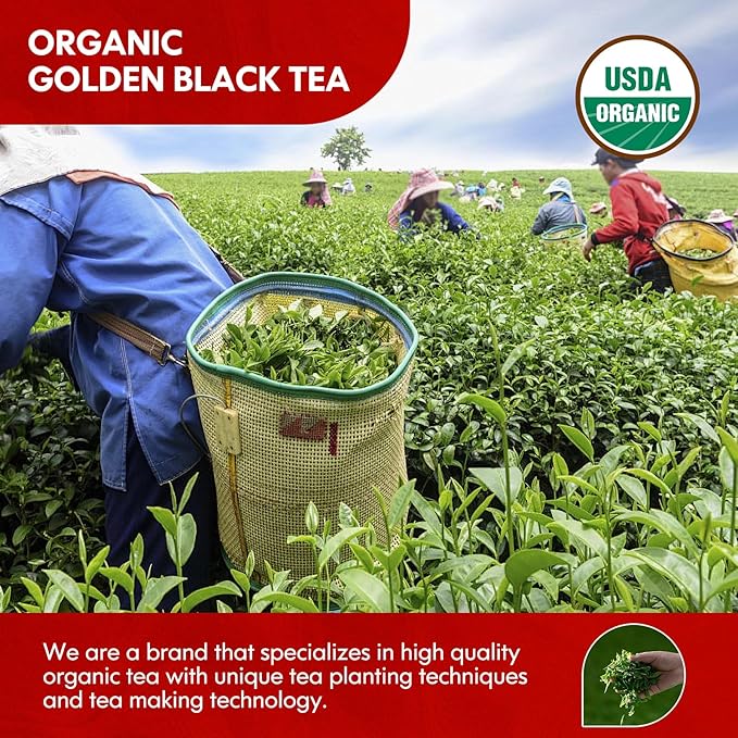 Organic Gold Loose Leaf, USDA Certified Organic Black Tea Loose Leaf, No Dust Production Workshop, Chinese Yunnan Ancient Tree Golden Tea Perfect for Hot Brew, 3.5 Oz