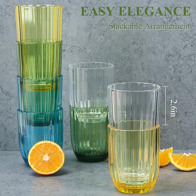 Acrylic Clear Highball Plastic Cups | Plastic Reusable Tumblers 15oz & 20oz (Set of 8) | Stackable | BPA-free Tumblers | Shatterproof | Top-rack Dishwasher Safe