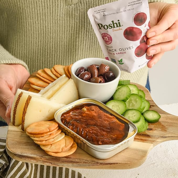 Poshi Natural Whole Pitted Olives | 24 Pack Variety | Basil & Garlic, Chili & Oregano, Chili + Garlic, Lemon & Rosemary | Vegan, Kosher, Gluten Free + Keto Friendly Healthy Snacks, 1.1 Oz (Pack of 24)