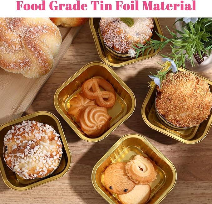 50Pack Mini Cake Pans with Lids And Spoons, 10oz Square Mini Loaf Pans with Lids, Disposable Cupcake Ramekins Small Cake Pans Aluminum Cups with Lid, Foil Baking Cups Dessert Containers Black Gold